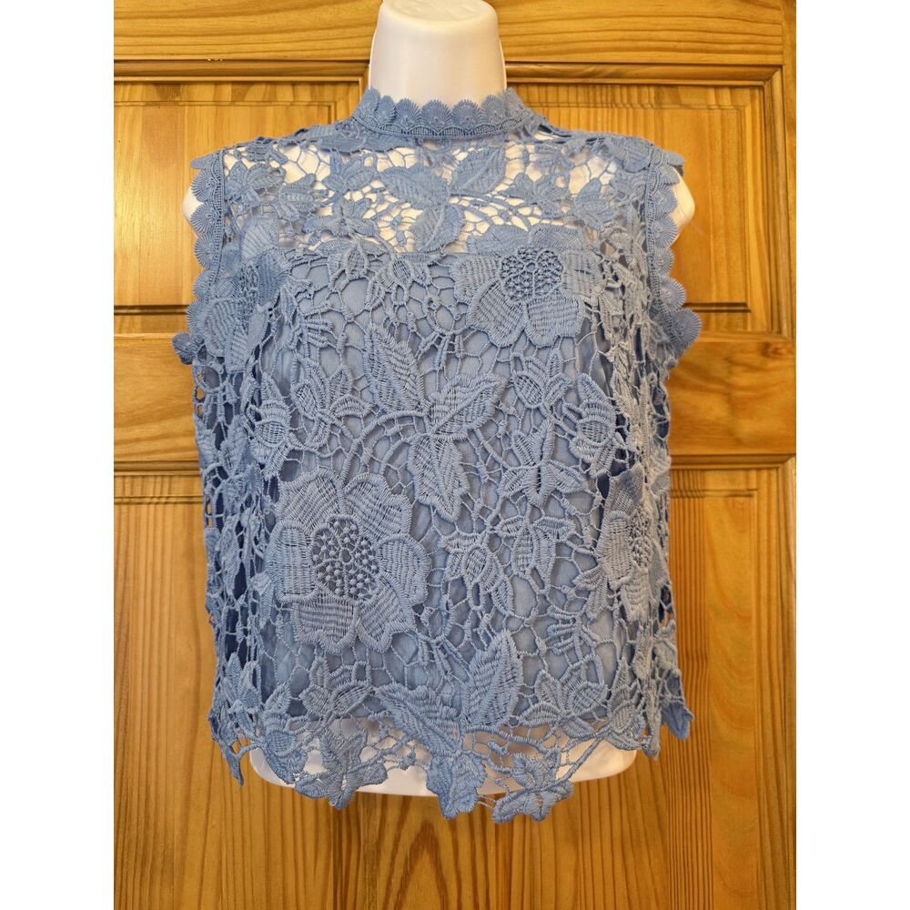 Zac & Rachel Light Blue Floral Lace Overlay Sheer Blouse Top Size Small